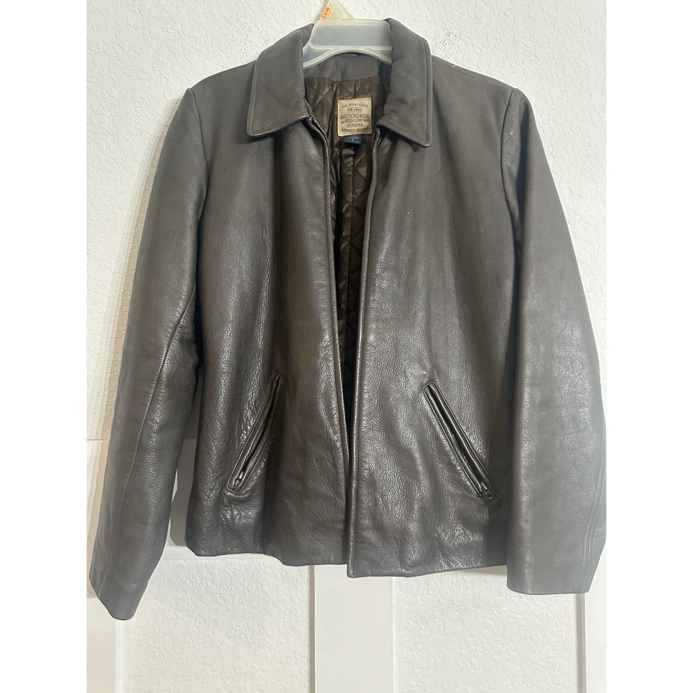 Abercrombie Fitch Genuine Leather Coat Brown Men's Small Quilted Y2K Zip